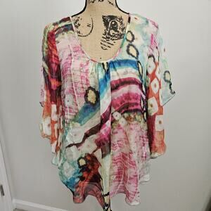 Karen Kane Women’s Floral 100% Silk Top Blouse Size L Butterfly Sleeves EUC